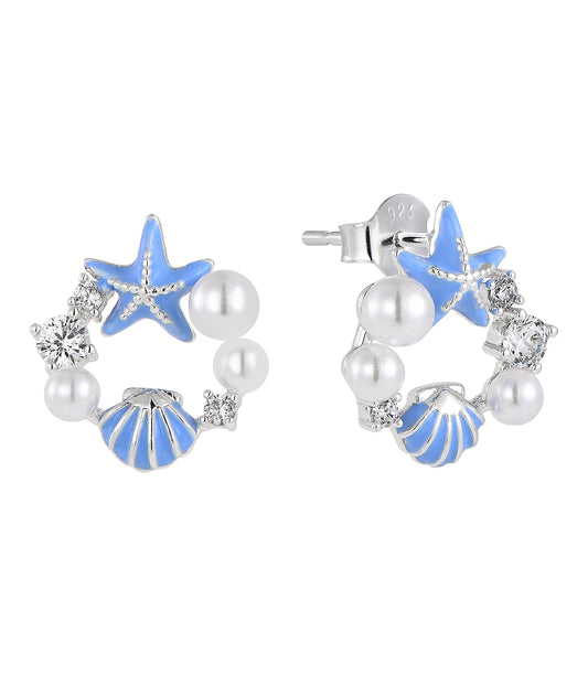 Rhodium-plated .925 Sterling Blue Enamaled Starfish and Shell with lab-created Gemstone Earrings