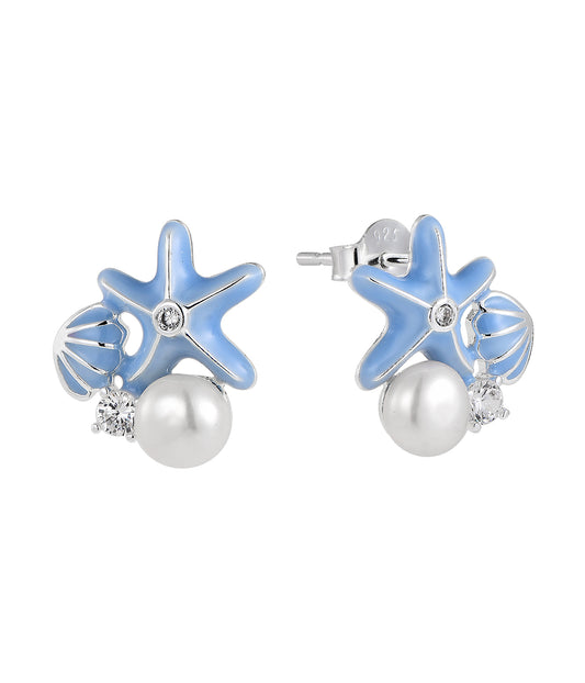 Rhodium-plated .925 Sterling Blue Enameled Starfish and Shell Earrings