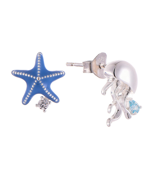 Rhodium-plated .925 Sterling Blue Enameled Starfish and Jellyfish Earrings