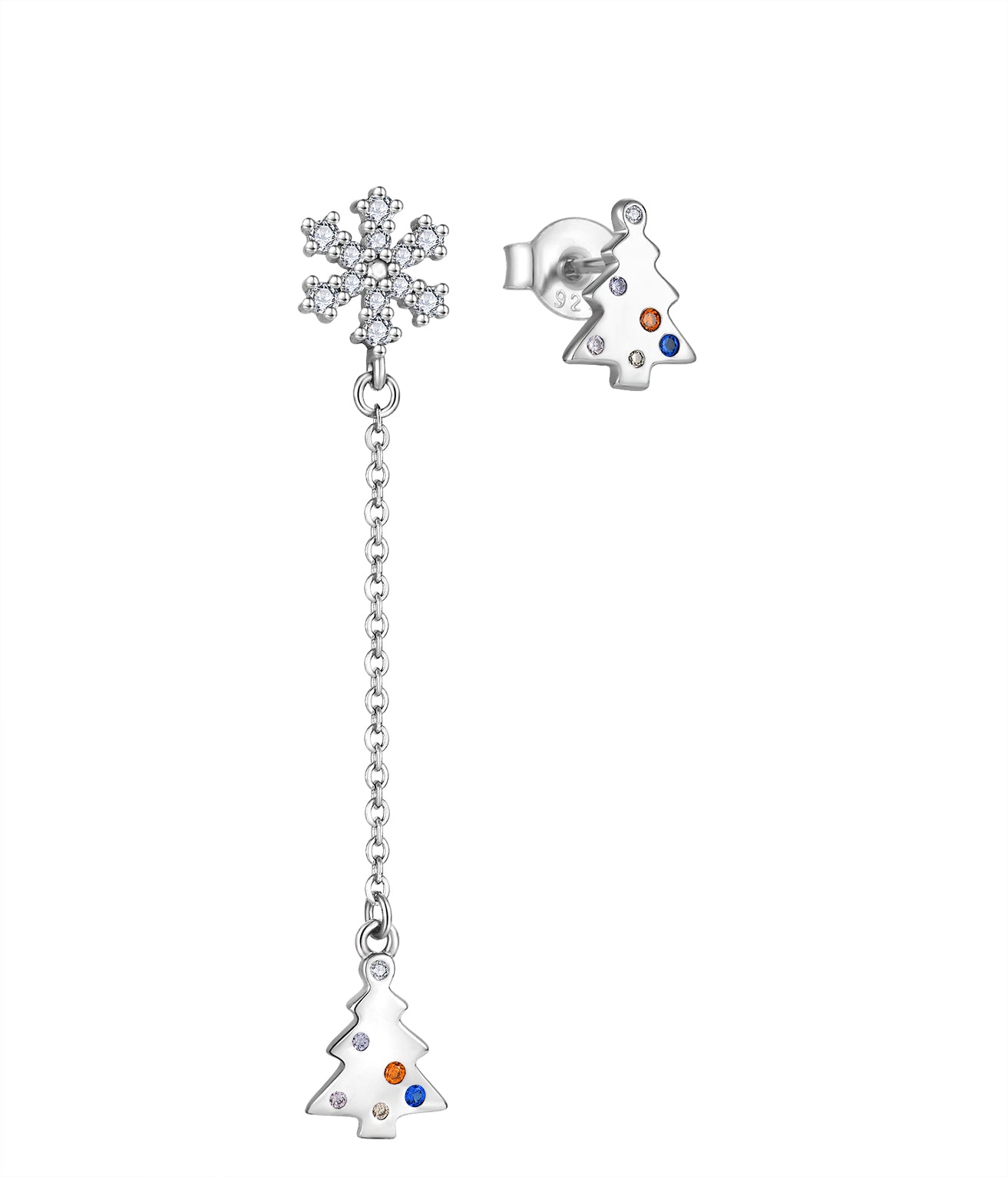 Rhodium-plated .925 Sterling Silver Christmas Tree Holiday Assymetrical Earrings