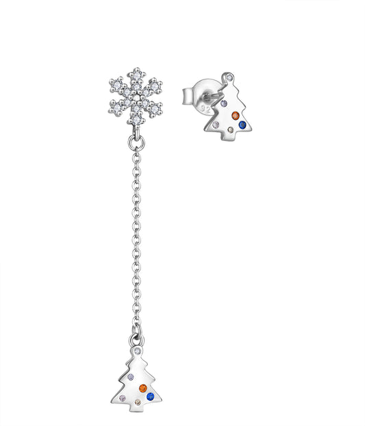 Rhodium-plated .925 Sterling Silver Christmas Tree Holiday Assymetrical Earrings