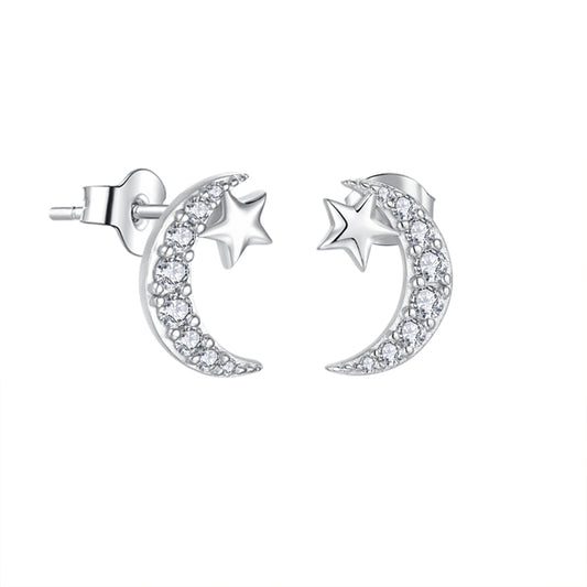 Rhodium-plated .925 Sterling Silver Moon and Star Earrings
