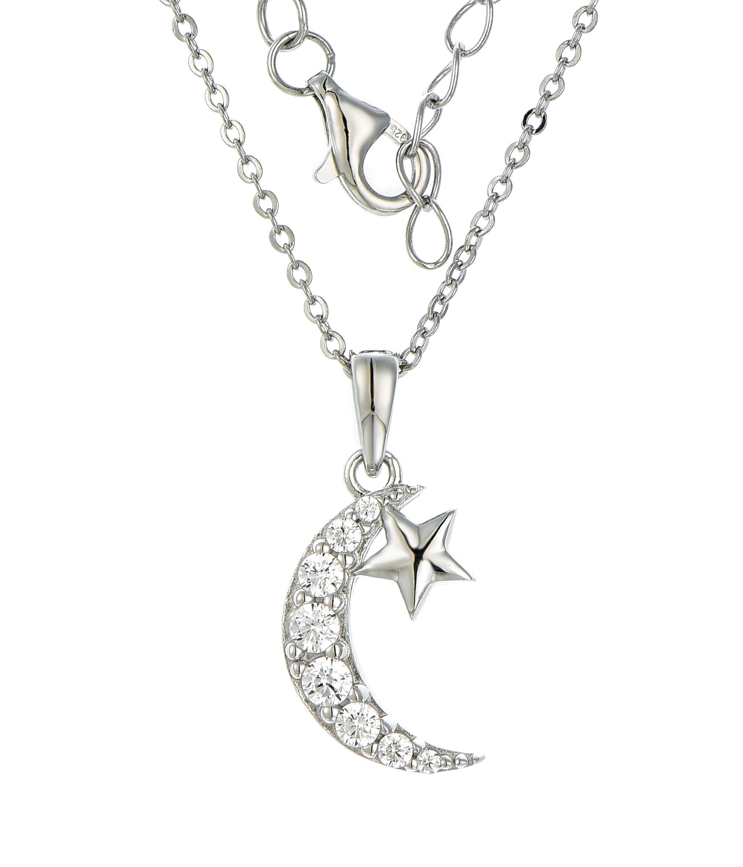 Rhodium-plated .925 Sterling Silver Moon and Star Necklace