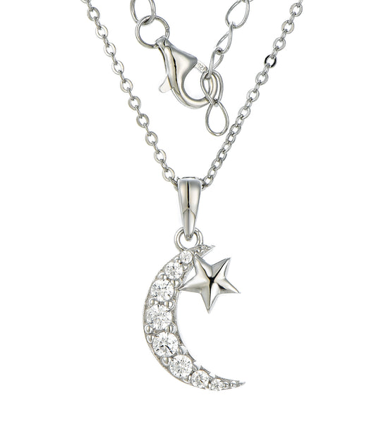 Rhodium-plated .925 Sterling Silver Moon and Star Necklace