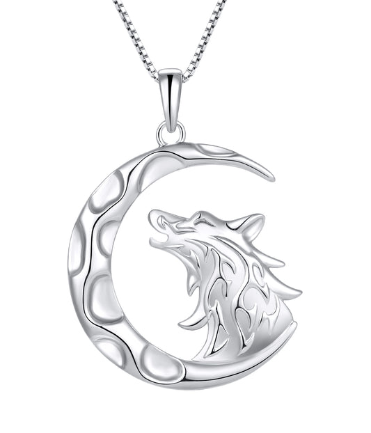 Rhodium-plated .925 Sterling Silver Wolf and Moon Necklace