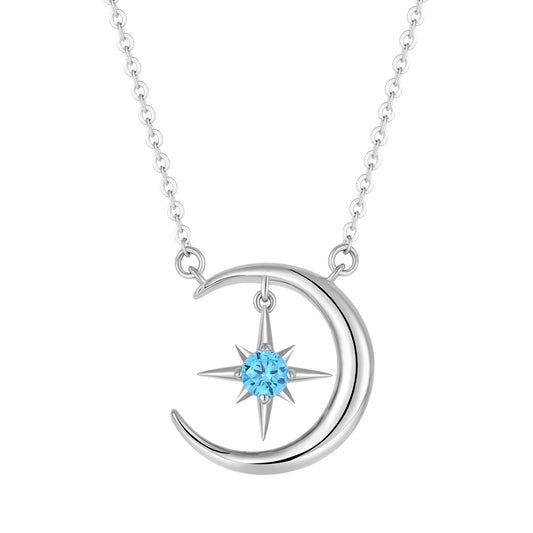 Rhodium-plated .925 Sterling Silver Crescent Moon and Star Necklace