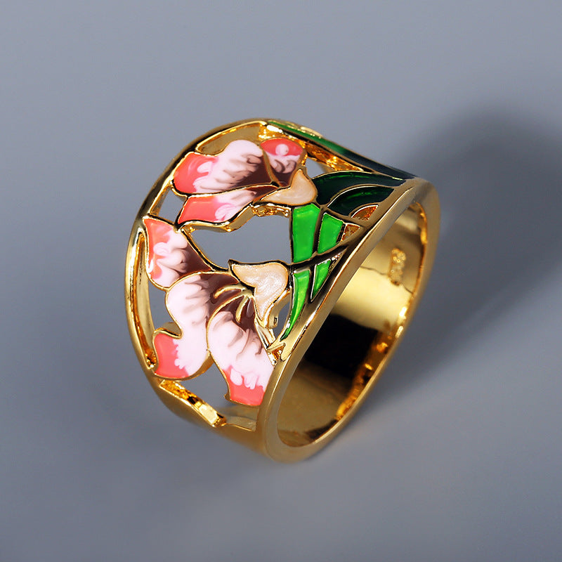 18k Gold-plated Enameled Floral Open Band Ring