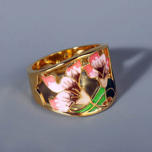18k Gold-plated Enameled Floral Open Band Ring