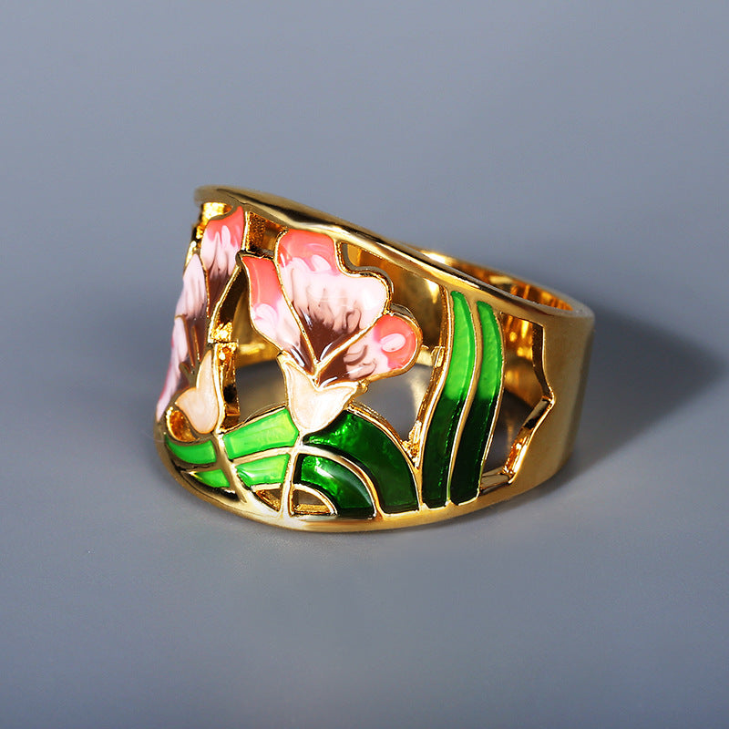 18k Gold-plated Enameled Floral Open Band Ring