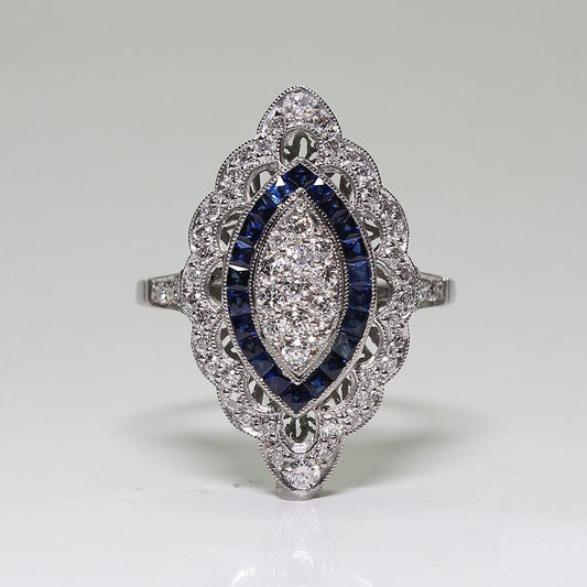 Platinum-plated Cubic Zirconia (sapphire blue and clear) Retro Dinner Ring