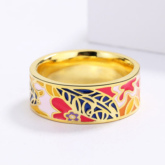 18k Gold-plated Enameled Solid Floral Band Ring