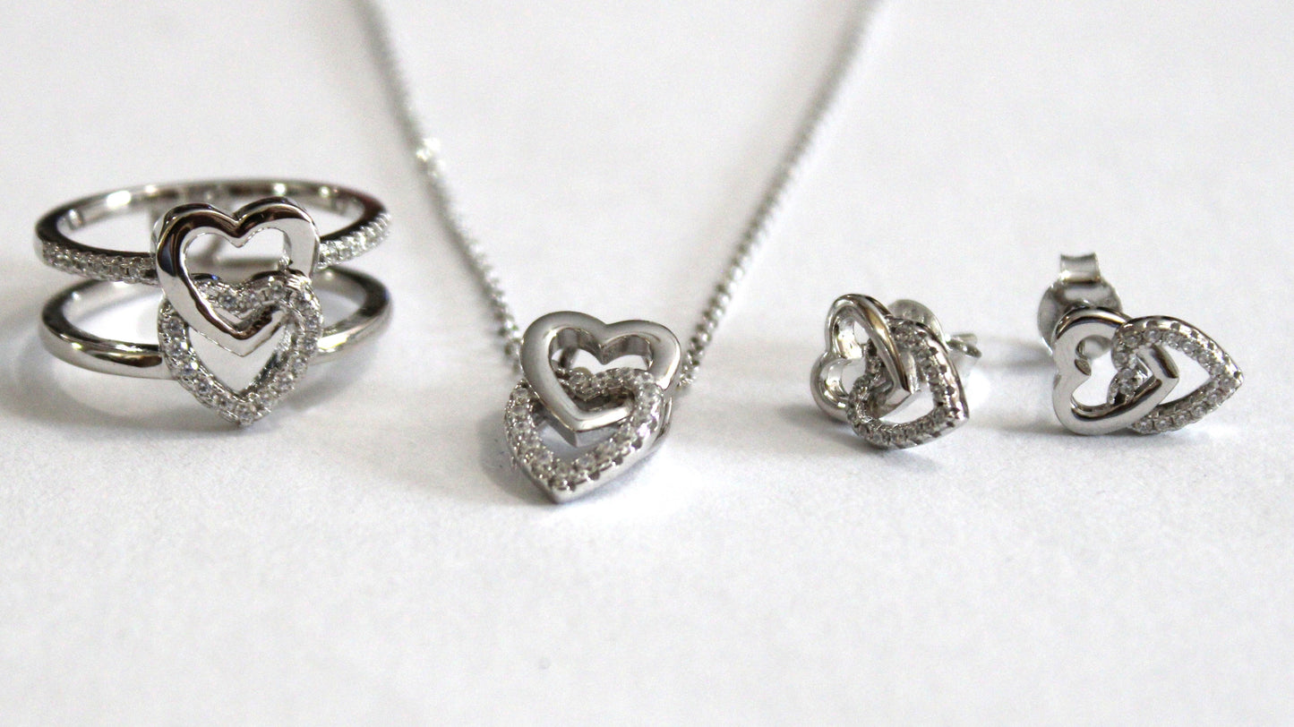Miranda:  Rhodium-plated .925 Sterling lab-created Pave Diamond Double Heart Earrings