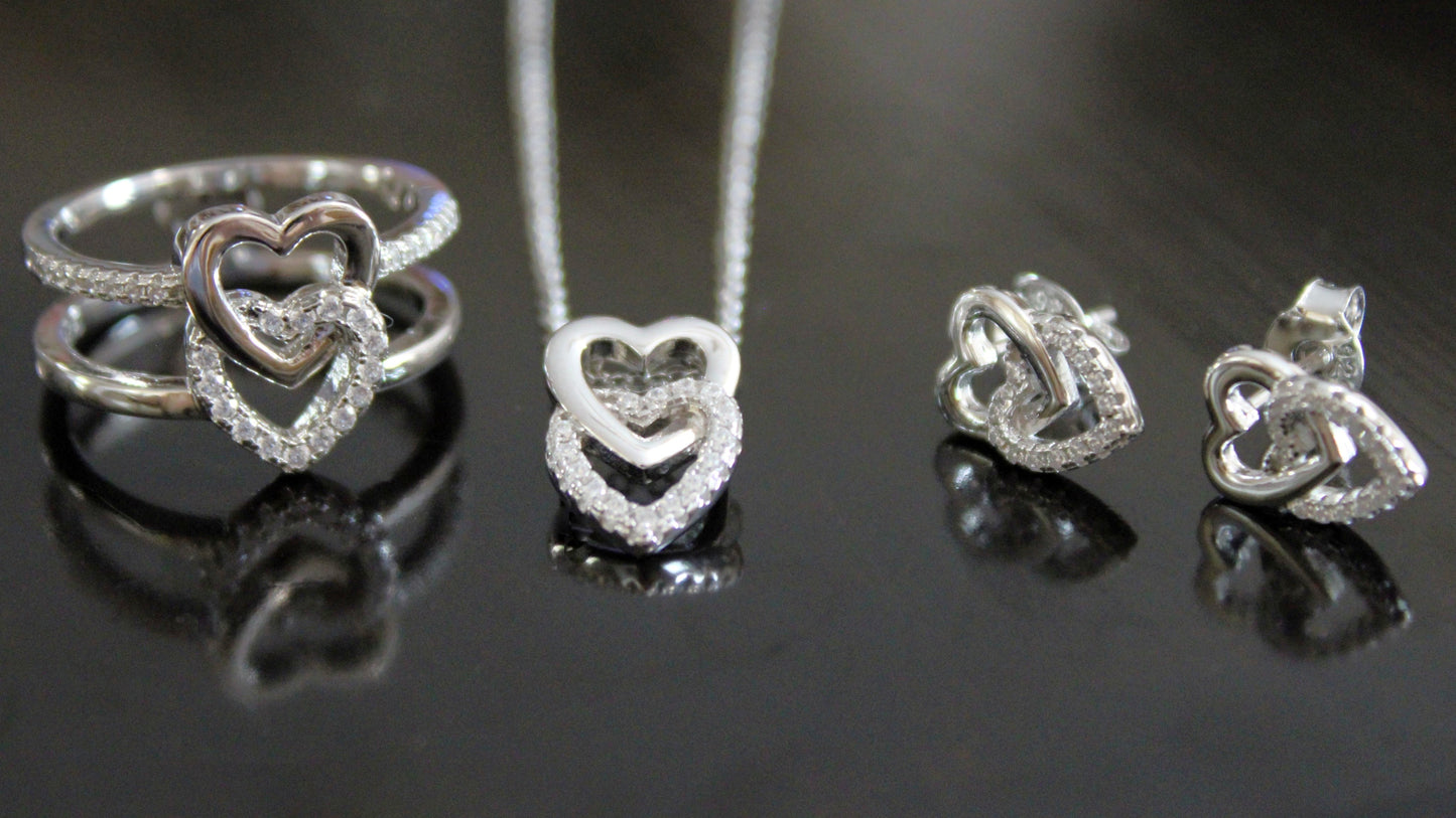 Miranda:  Rhodium-plated .925 Sterling lab-created Pave Diamond Double Heart Earrings