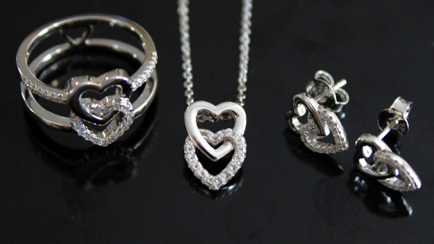 Miranda:  Rhodium-plated .925 Sterling lab-created Pave Diamond Double Heart Earrings