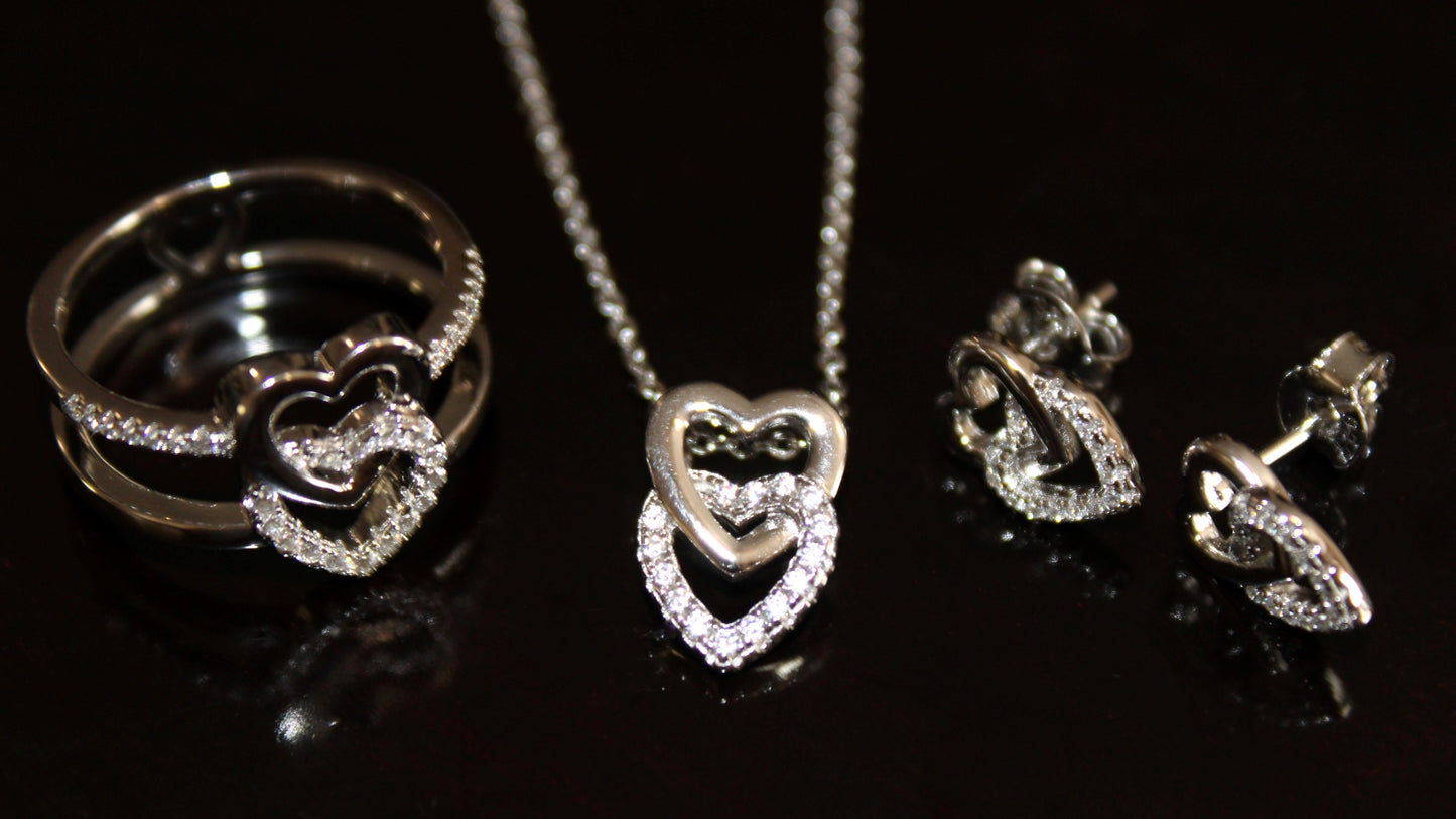 Miranda:  Rhodium-plated .925 Sterling lab-created Pave Diamond Double Heart Earrings