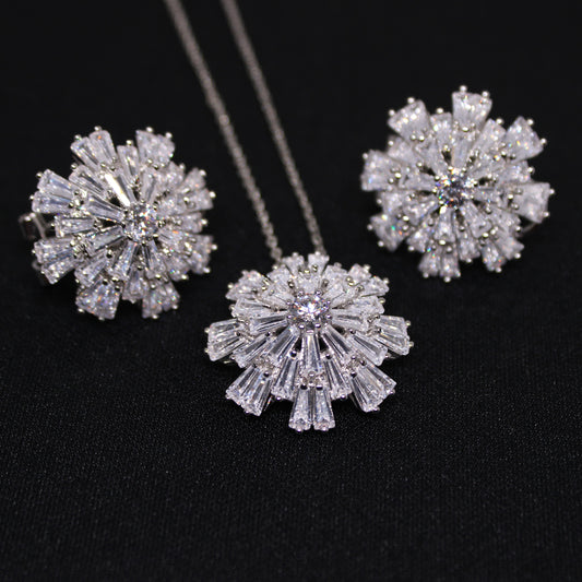 Stainless Steel lab-created Baguette Diamond Snowball Necklace and Earring Set