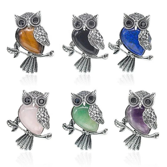 Large Owl Real Stone Charm Necklace