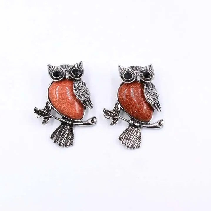 Large Owl Real Stone Charm Necklace