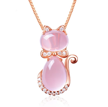 Rose Gold-plated .925 Sterling Pink Quartz Cats Eye Necklace - Cat