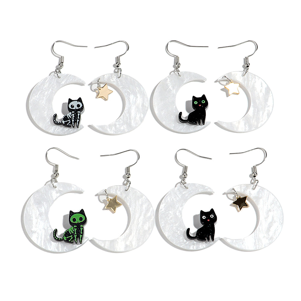 Cat on a Moon Acrylic Halloween Earrings
