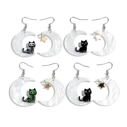 Cat on a Moon Acrylic Halloween Earrings