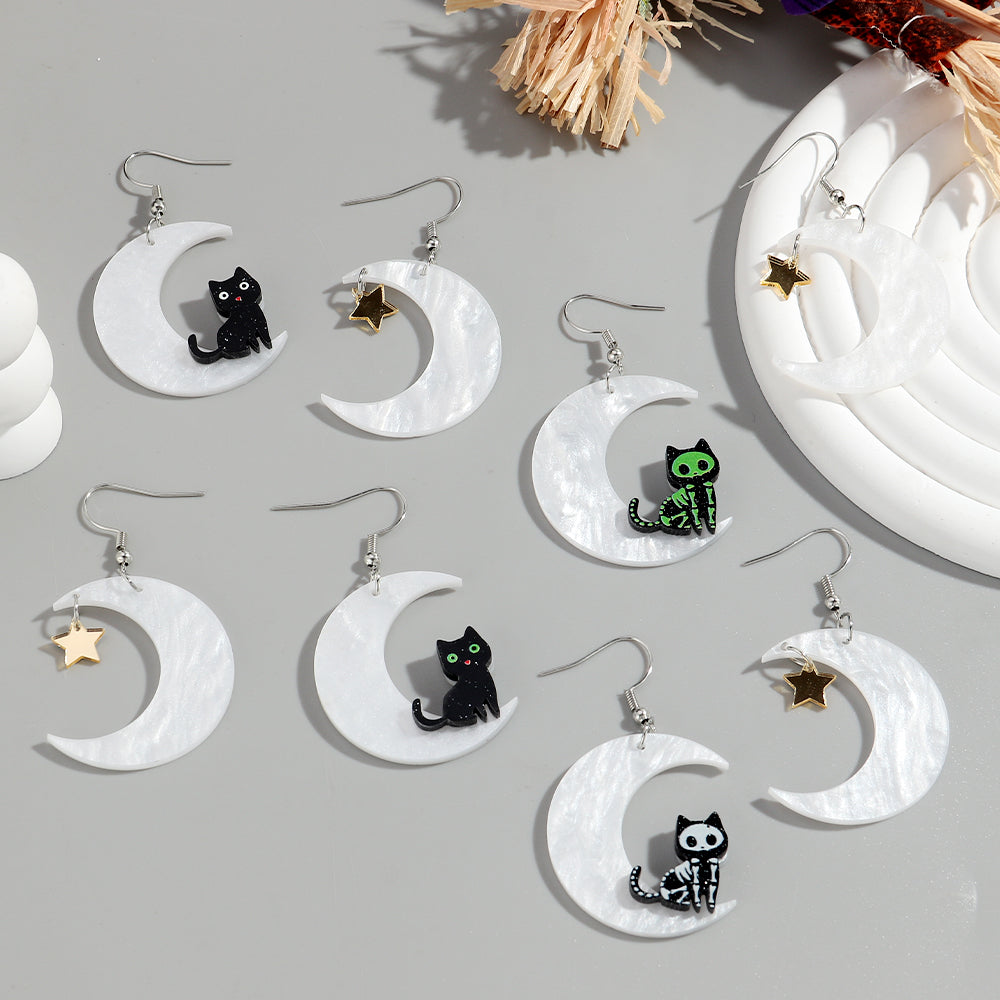 Cat on a Moon Acrylic Halloween Earrings