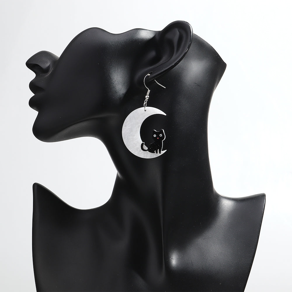 Cat on a Moon Acrylic Halloween Earrings