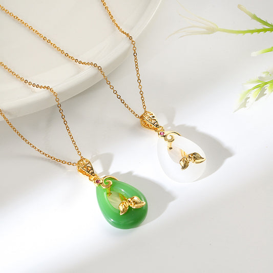 18k Gold-plated Stainless Steel Oval Jade Lotus Buckle Pendant Necklace