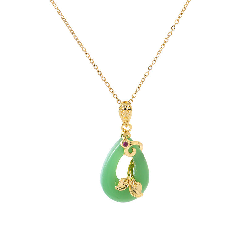 18k Gold-plated Stainless Steel Oval Jade Lotus Buckle Pendant Necklace