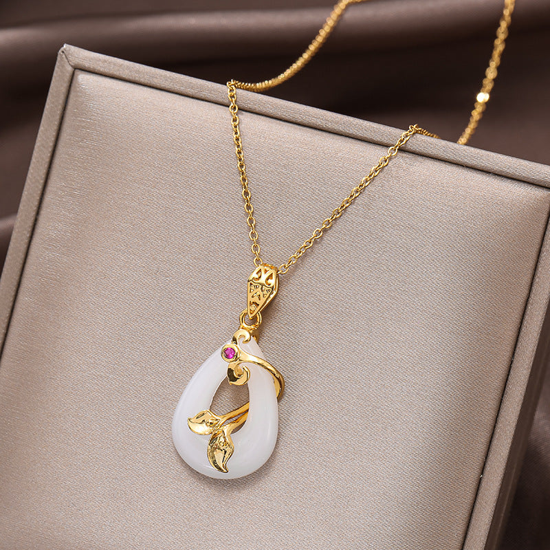 18k Gold-plated Stainless Steel Oval Jade Lotus Buckle Pendant Necklace