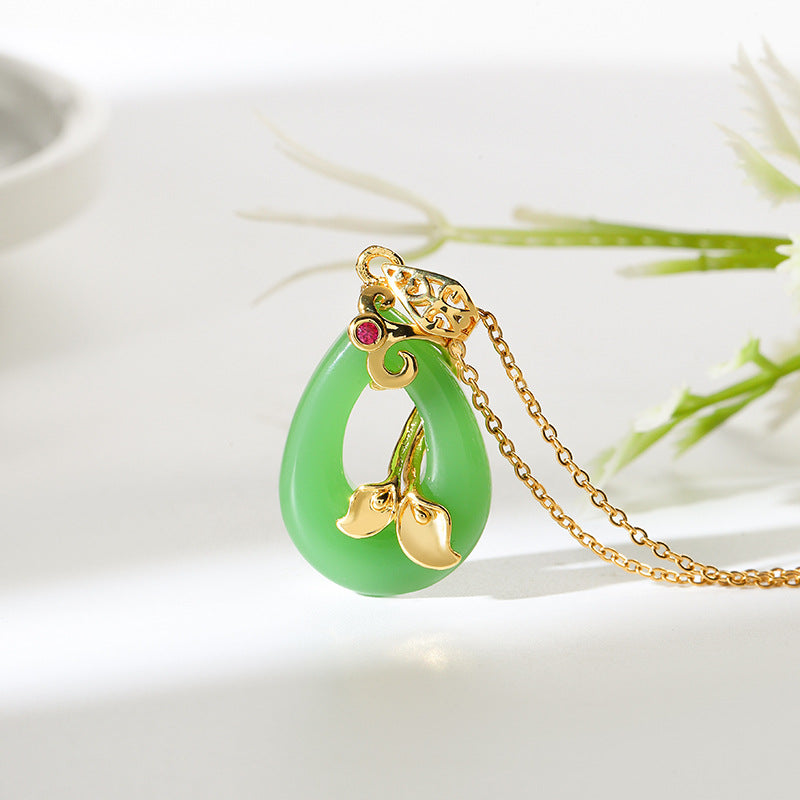 18k Gold-plated Stainless Steel Oval Jade Lotus Buckle Pendant Necklace