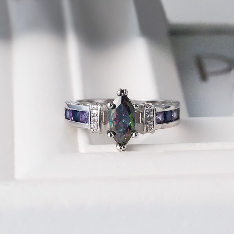 Silver-plated Marquise Cut Iridescent Purple Crystal Ring