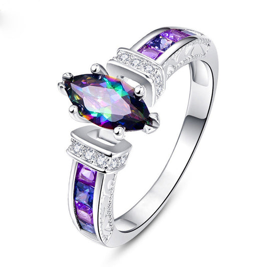 Silver-plated Marquise Cut Iridescent Purple Crystal Ring