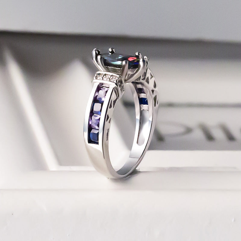 Silver-plated Marquise Cut Iridescent Purple Crystal Ring