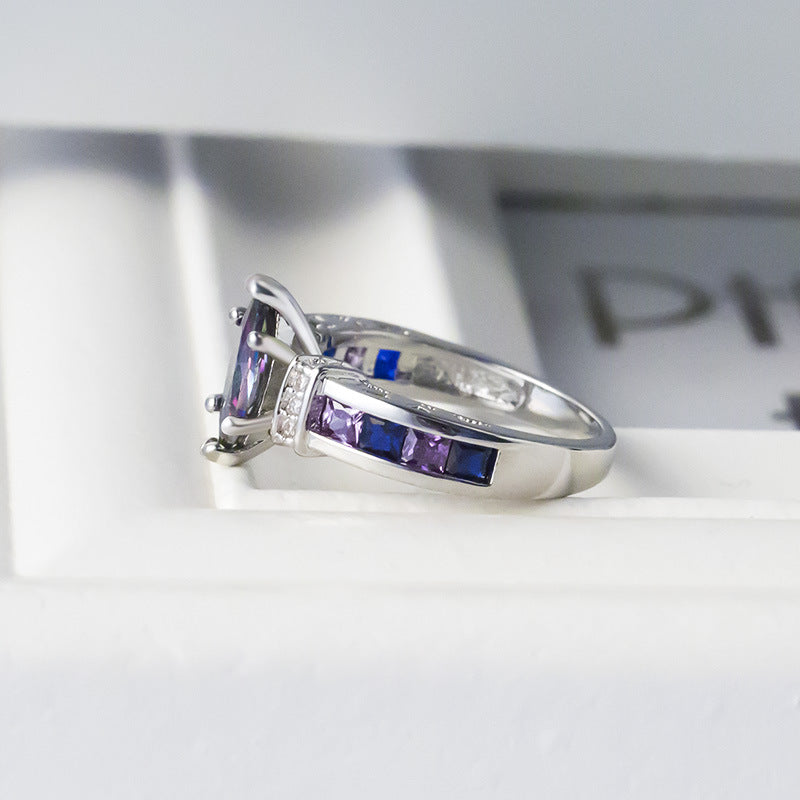 Silver-plated Marquise Cut Iridescent Purple Crystal Ring
