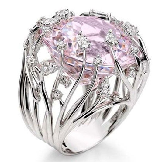 Silver-plated Oval Pink Cubic Zironia Statement Ring