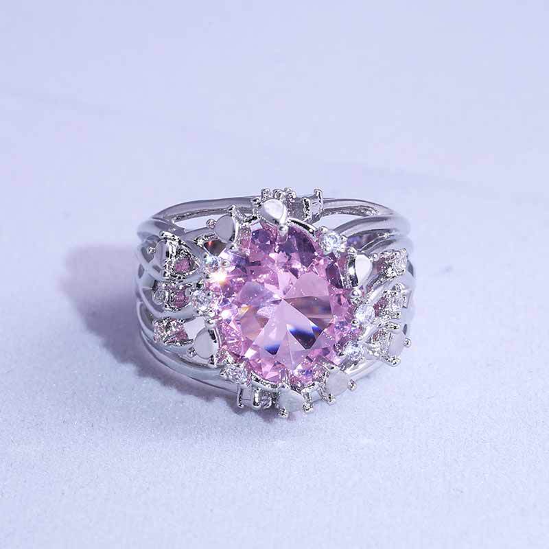 Silver-plated Oval Pink Cubic Zironia Statement Ring
