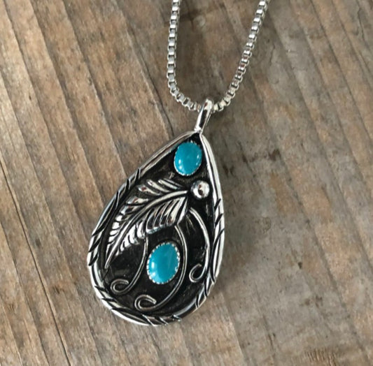 Teardrop Leaf and Blue Stone Silver-plated Necklace