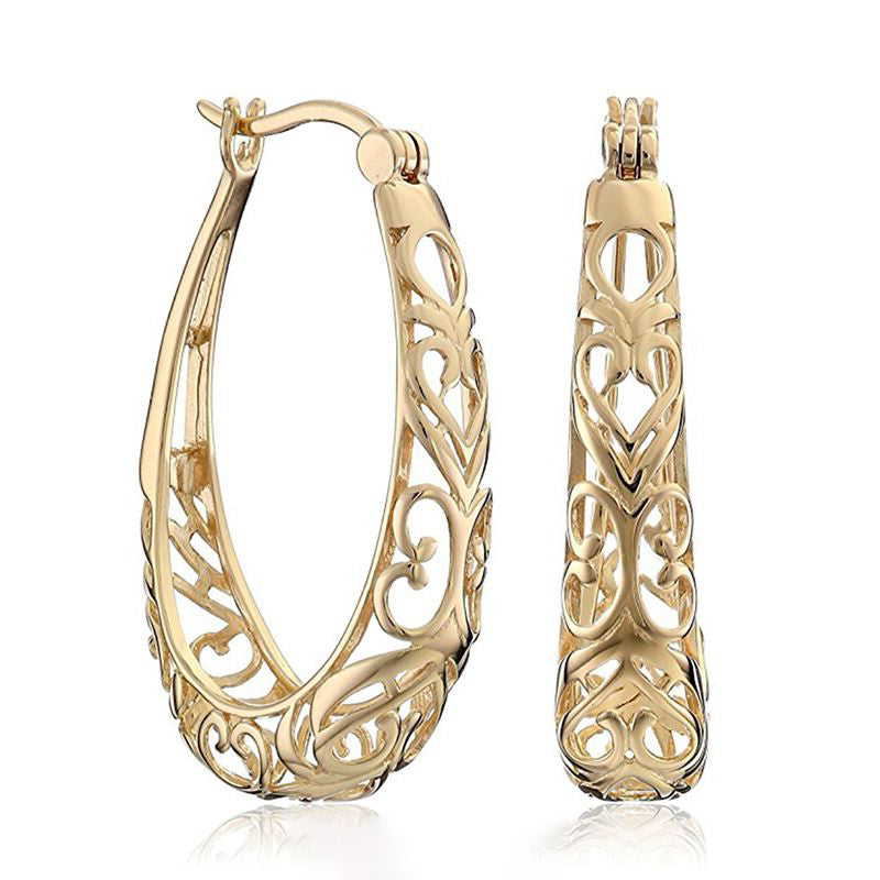 Gold-plated Stainless Steel Filigree Style Oval Hoop Earrings (White or Yellow Gold-Plated)