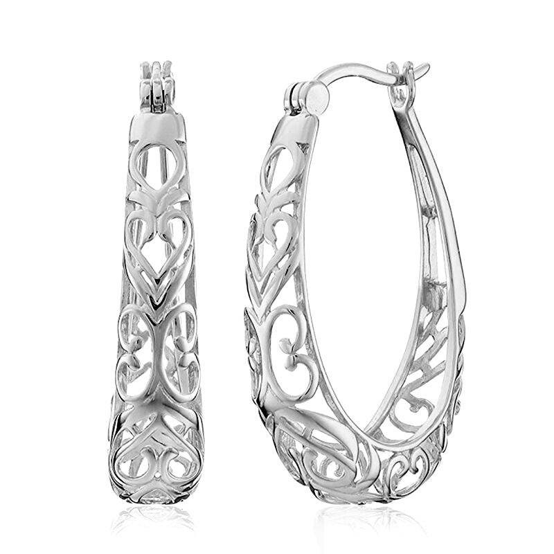 Gold-plated Stainless Steel Filigree Style Oval Hoop Earrings (White or Yellow Gold-Plated)