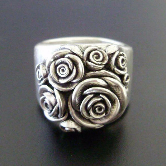 Silver-plated Carved Rose Flower Ring