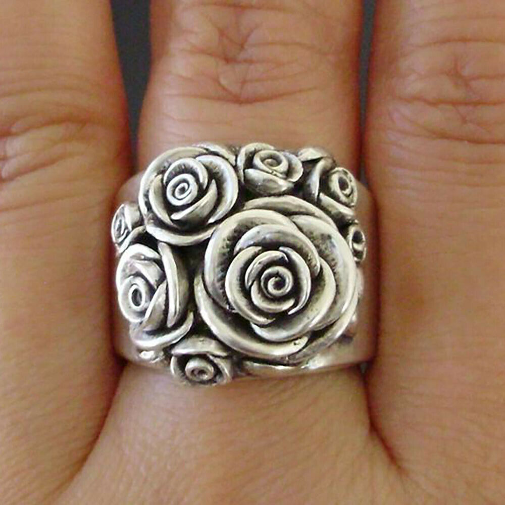 Silver-plated Carved Rose Flower Ring