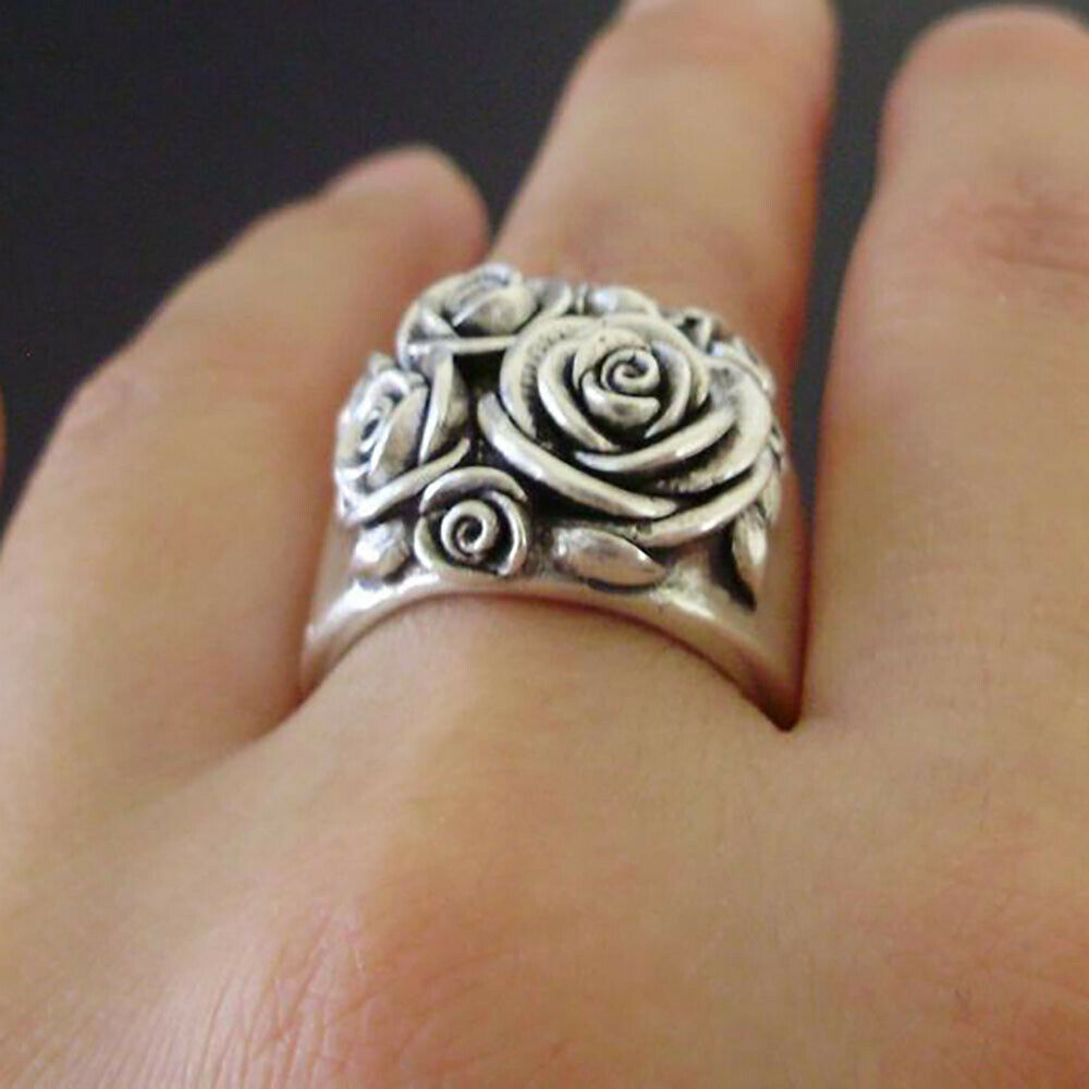 Silver-plated Carved Rose Flower Ring