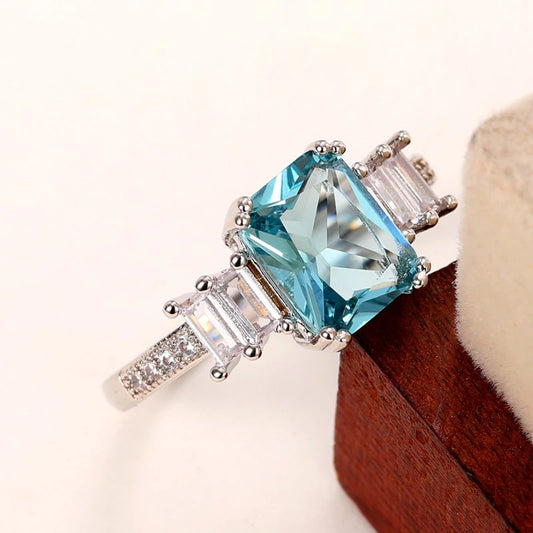 Silver-plated Aquamarine Emerald Cut Solitaire Ring