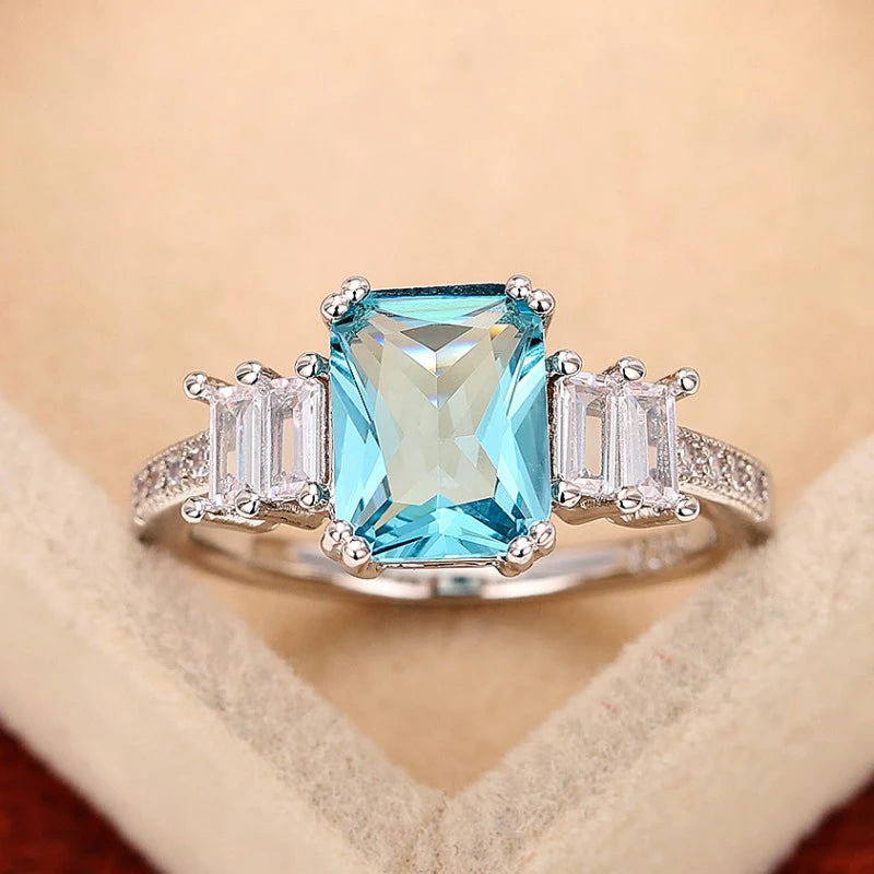 Silver-plated Aquamarine Emerald Cut Solitaire Ring