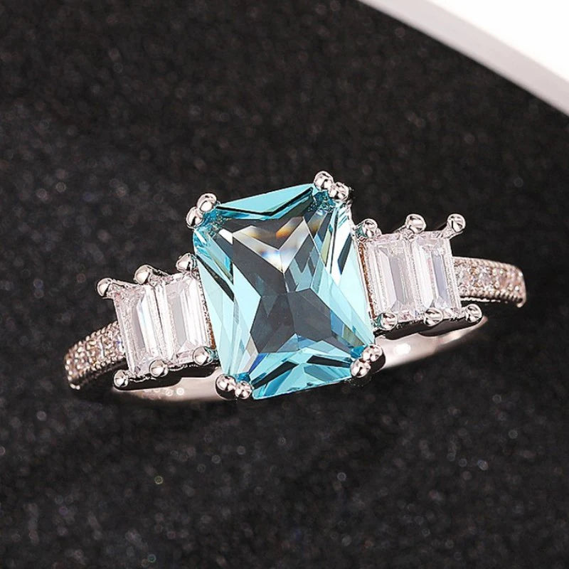 Silver-plated Aquamarine Emerald Cut Solitaire Ring