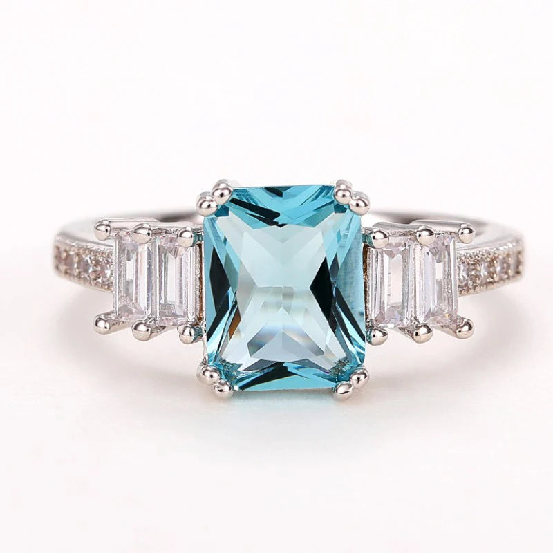 Silver-plated Aquamarine Emerald Cut Solitaire Ring