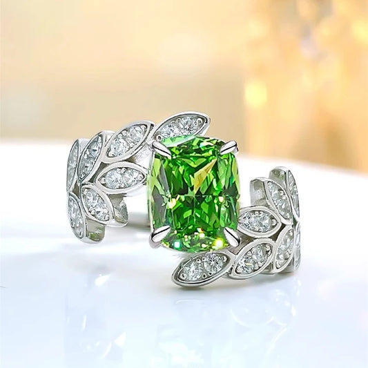Silver-plated Feather Band Green Cubic Zirconia Solitaire Ring