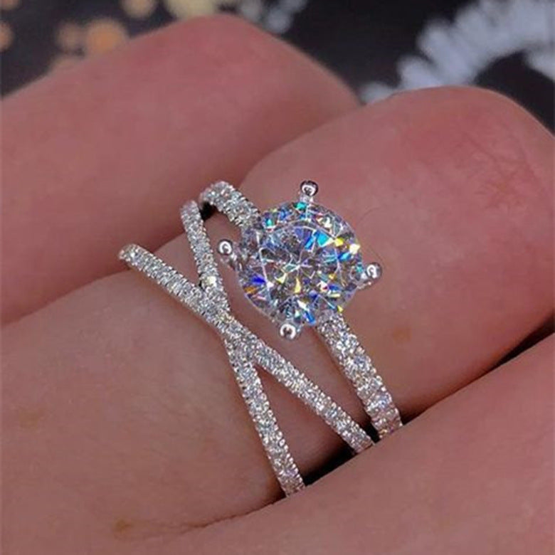 Silver-plated Cubic Zirconia Solitaire with Pave X Band Ring