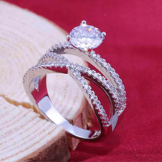 Silver-plated Cubic Zirconia Solitaire with Pave X Band Ring